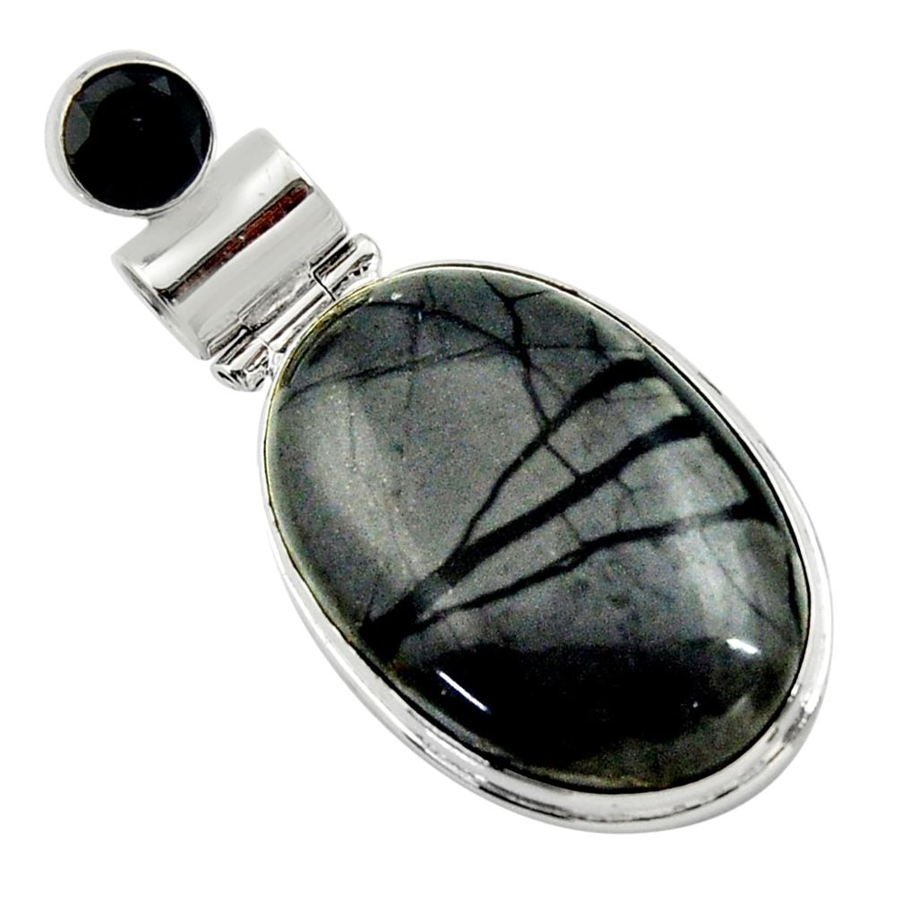 22.02cts natural black picasso jasper onyx 925 sterling silver pendant r32161