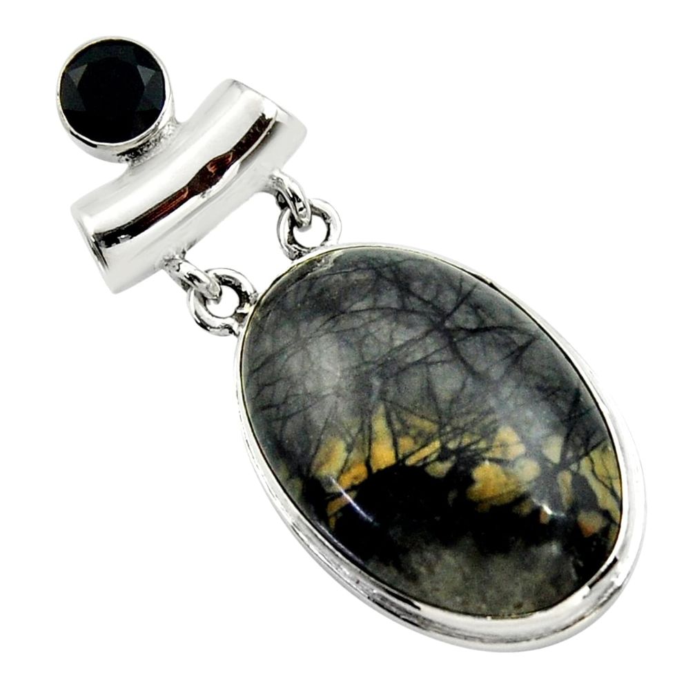 25.00cts natural black picasso jasper onyx 925 sterling silver pendant r32165