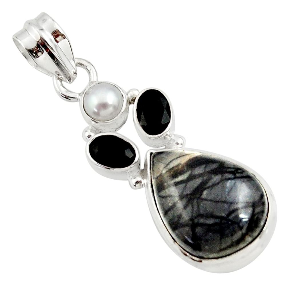  black picasso jasper onyx pearl 925 silver pendant d45307