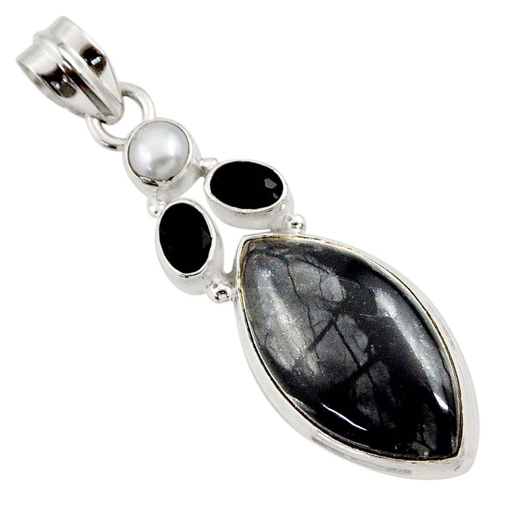  black picasso jasper onyx pearl 925 silver pendant d45308