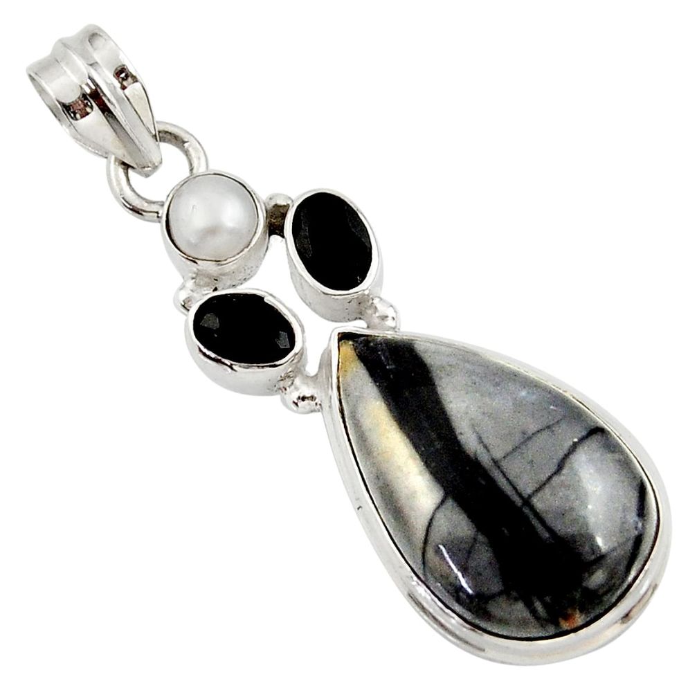  black picasso jasper onyx pearl 925 silver pendant d45310