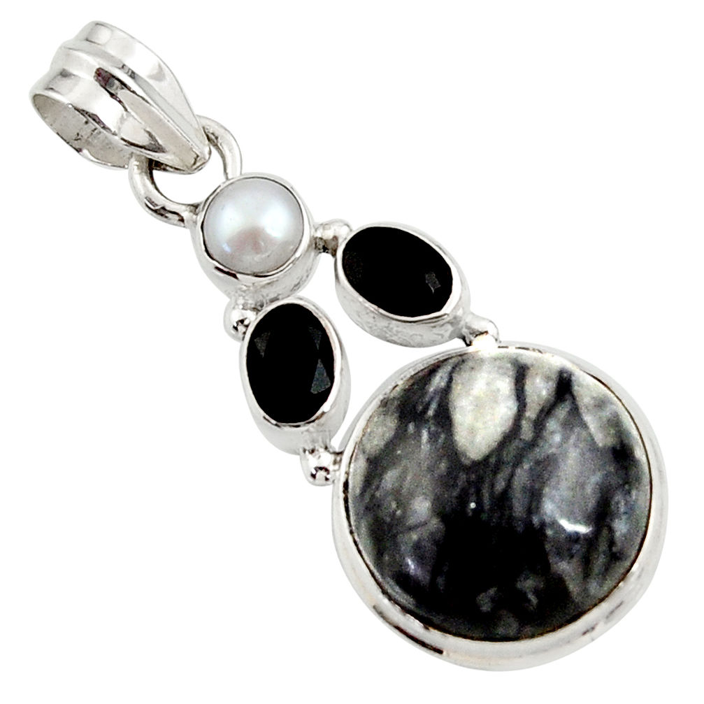  black picasso jasper onyx pearl 925 silver pendant d45315