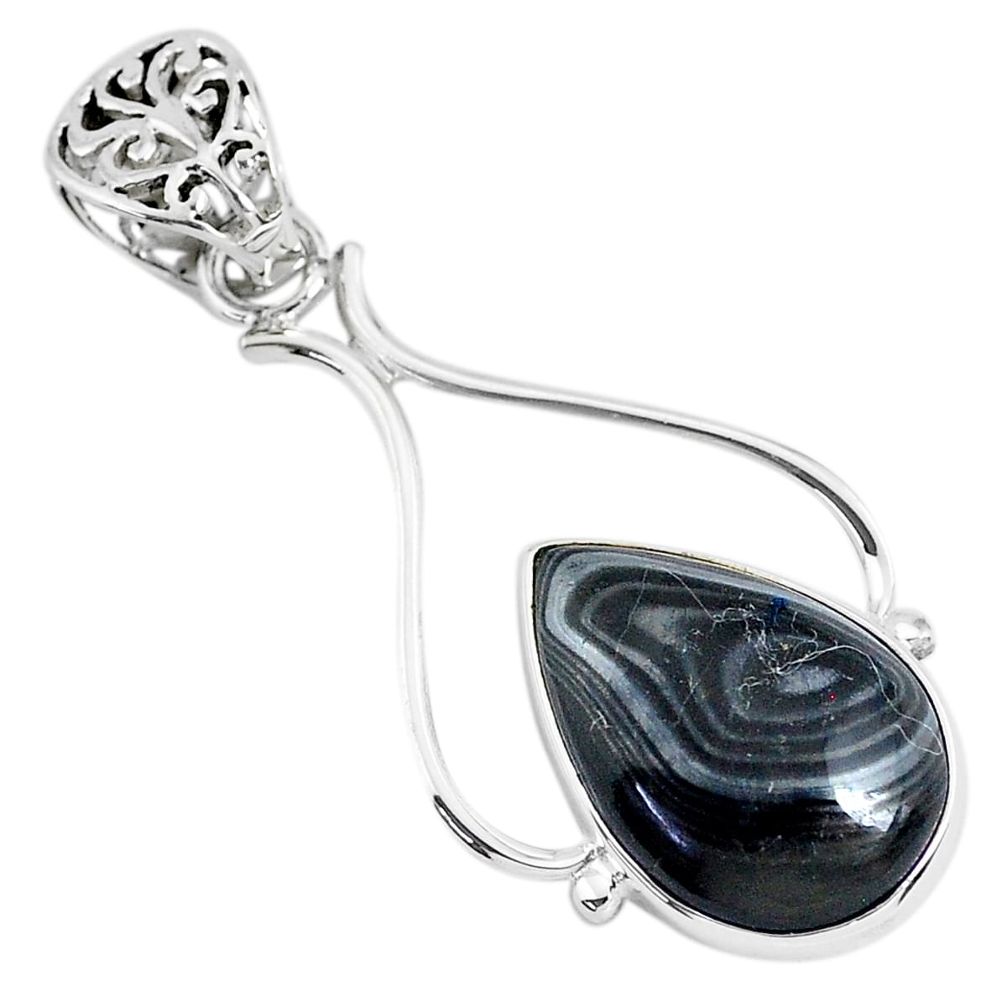 11.07cts natural black psilomelane (crown of silver) pear silver pendant r94499