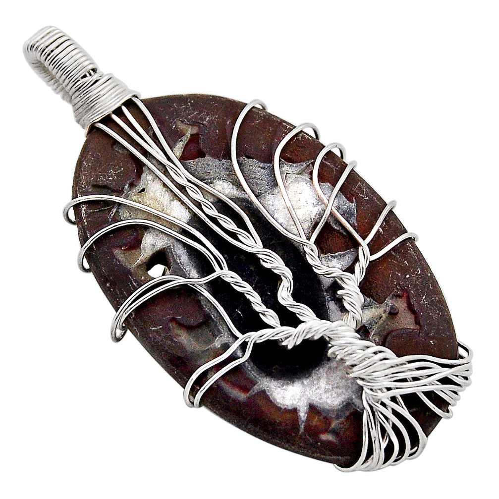 17.05cts natural black septarian gonads 925 silver tree of life pendant n25313