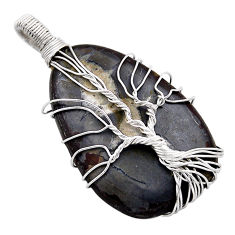28.08cts natural black septarian gonads 925 silver tree of life pendant n25316