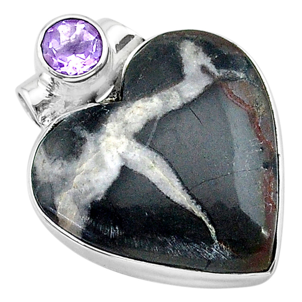16.70cts natural black septarian gonads amethyst 925 silver pendant t13226