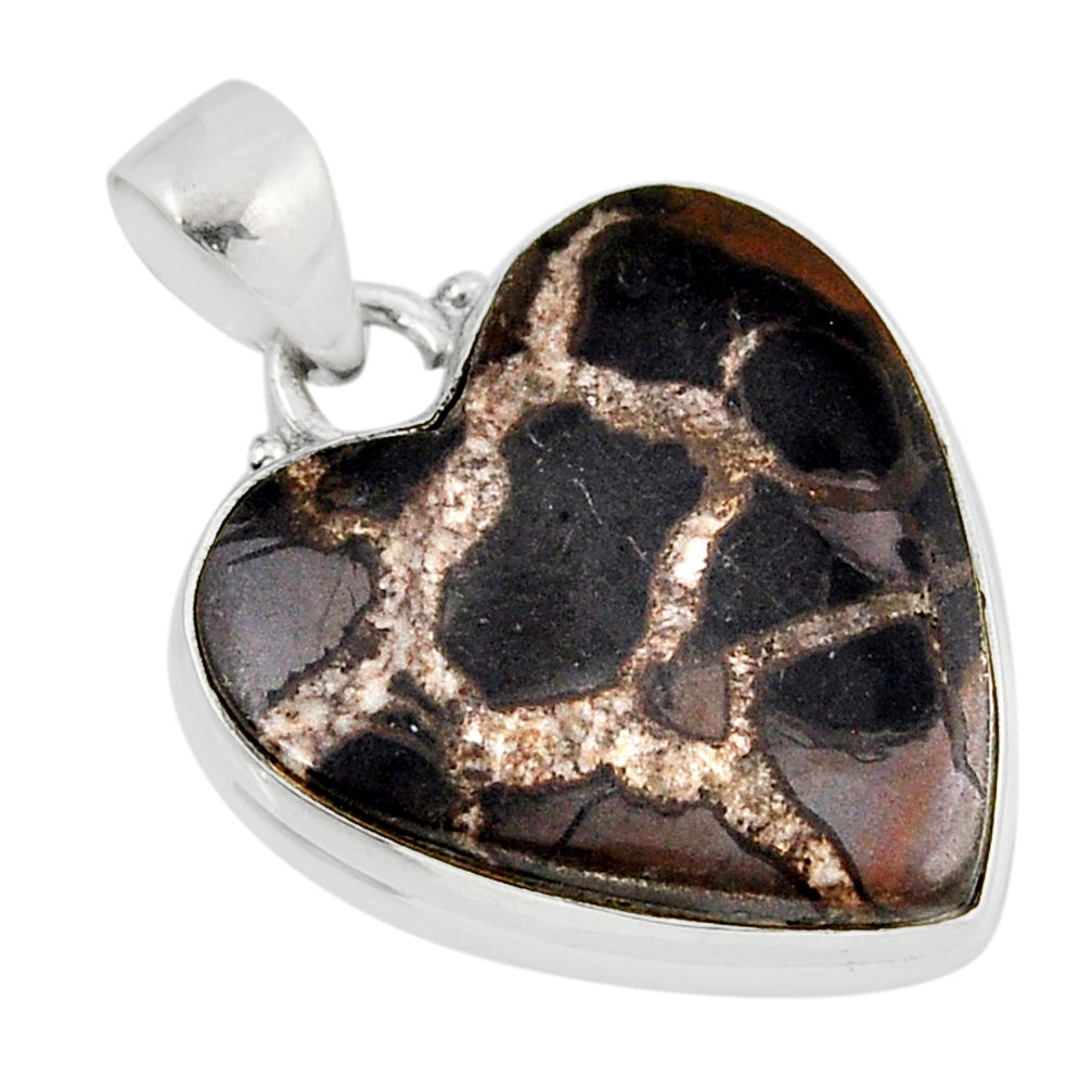 15.96cts natural black septarian gonads heart 925 sterling silver pendant y52622