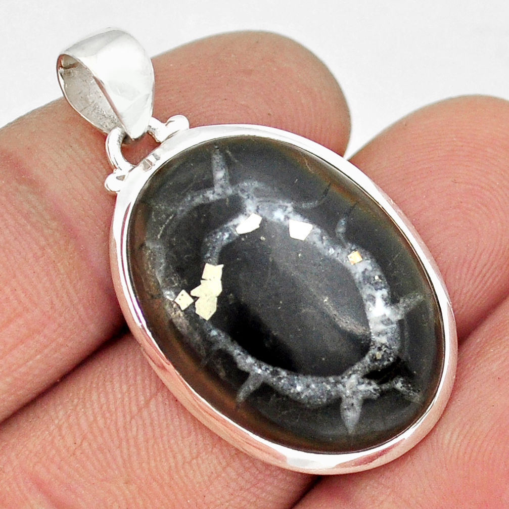 18.88cts natural black septarian gonads oval 925 sterling silver pendant y9508