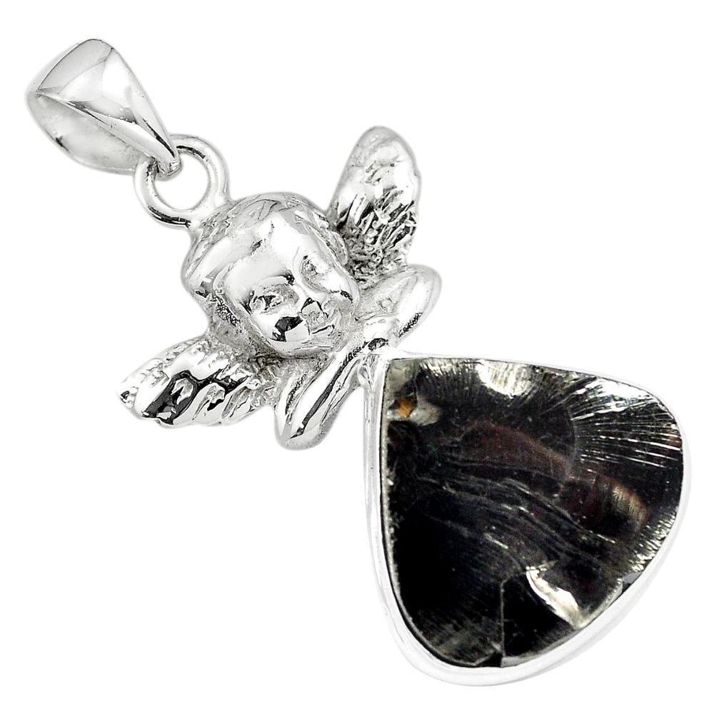 12.64cts natural black shungite 925 silver cupid angel wings pendant p79381