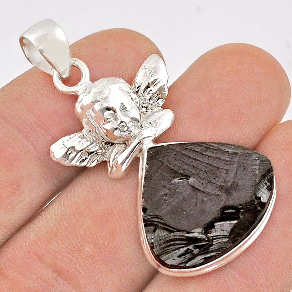 13.61cts natural black shungite 925 sterling silver angel pendant jewelry d49391