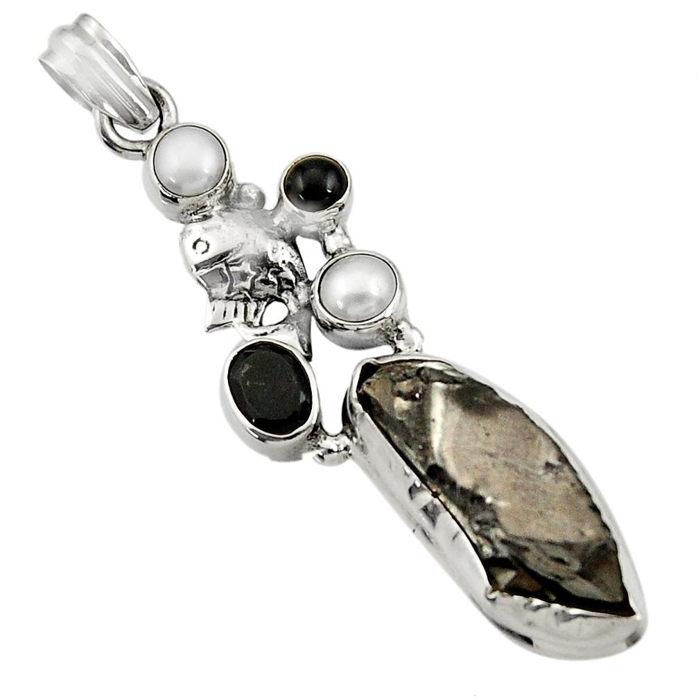 19.00cts natural black shungite onyx pearl 925 silver fish pendant d43554