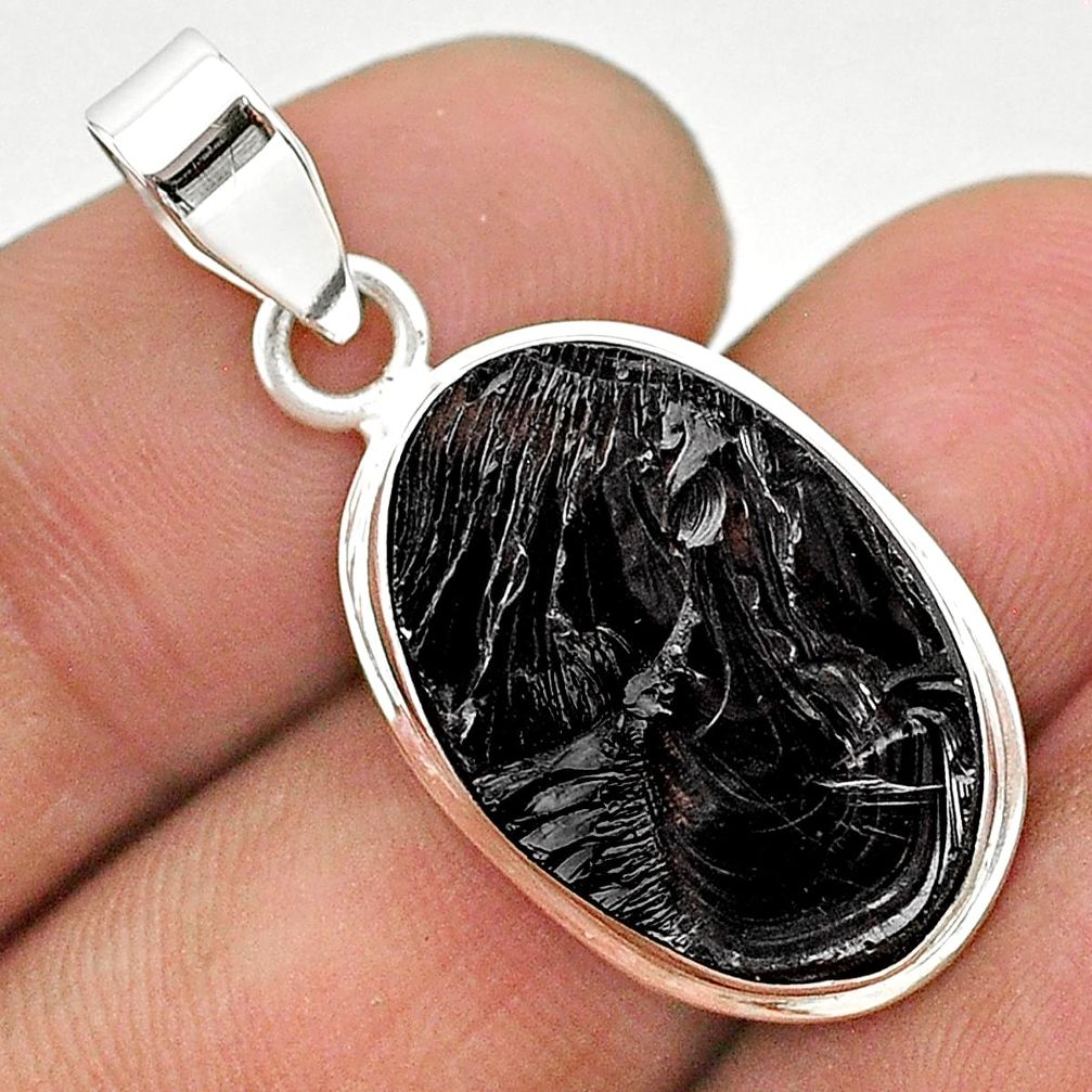 10.22cts natural black shungite oval 925 sterling silver pendant jewelry t23694