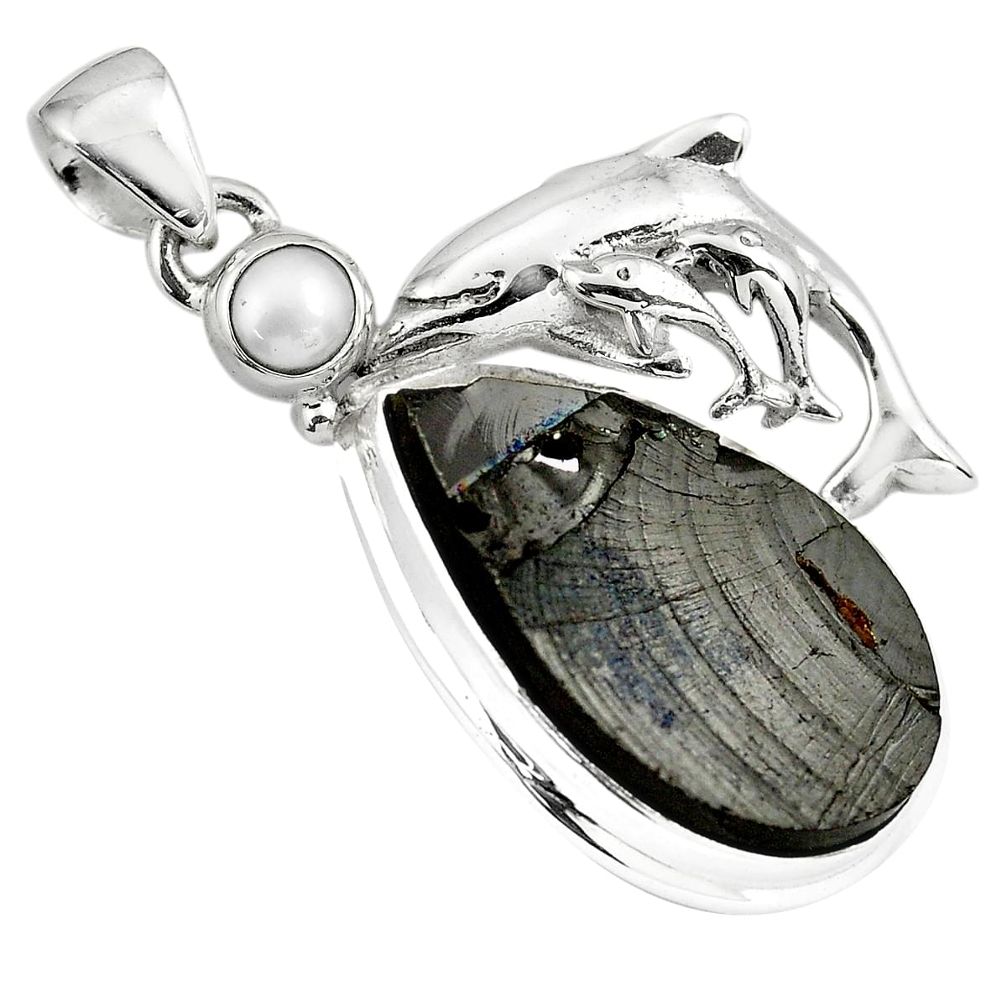  black shungite pearl 925 sterling silver dolphin pendant p79386