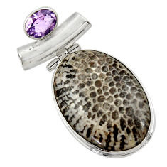 Clearance Sale- 28.08cts natural black stingray coral from alaska 925 silver pendant r30597