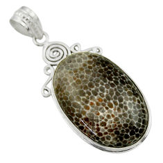 Clearance Sale- 24.00cts natural black stingray coral from alaska 925 silver pendant r32120