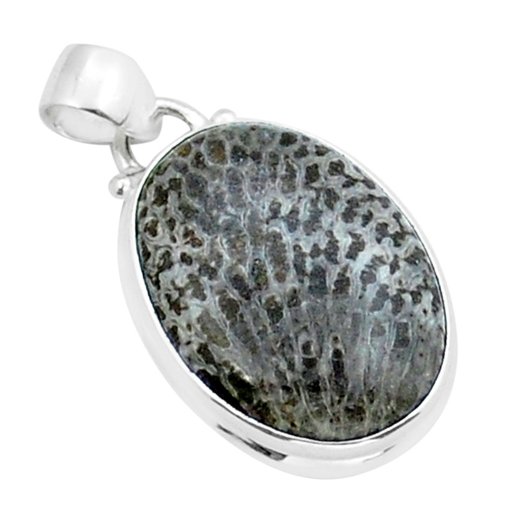 13.99cts natural black stingray coral from alaska oval 925 silver pendant y15116