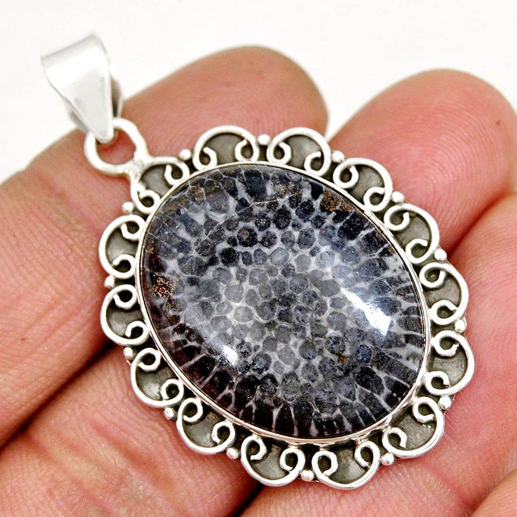 25.57cts natural black stingray coral from alaska oval 925 silver pendant y9233