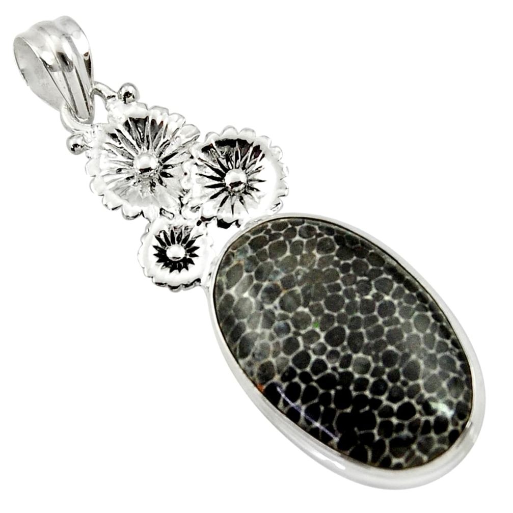 18.46cts natural black stingray coral from alaska silver flower pendant d43177