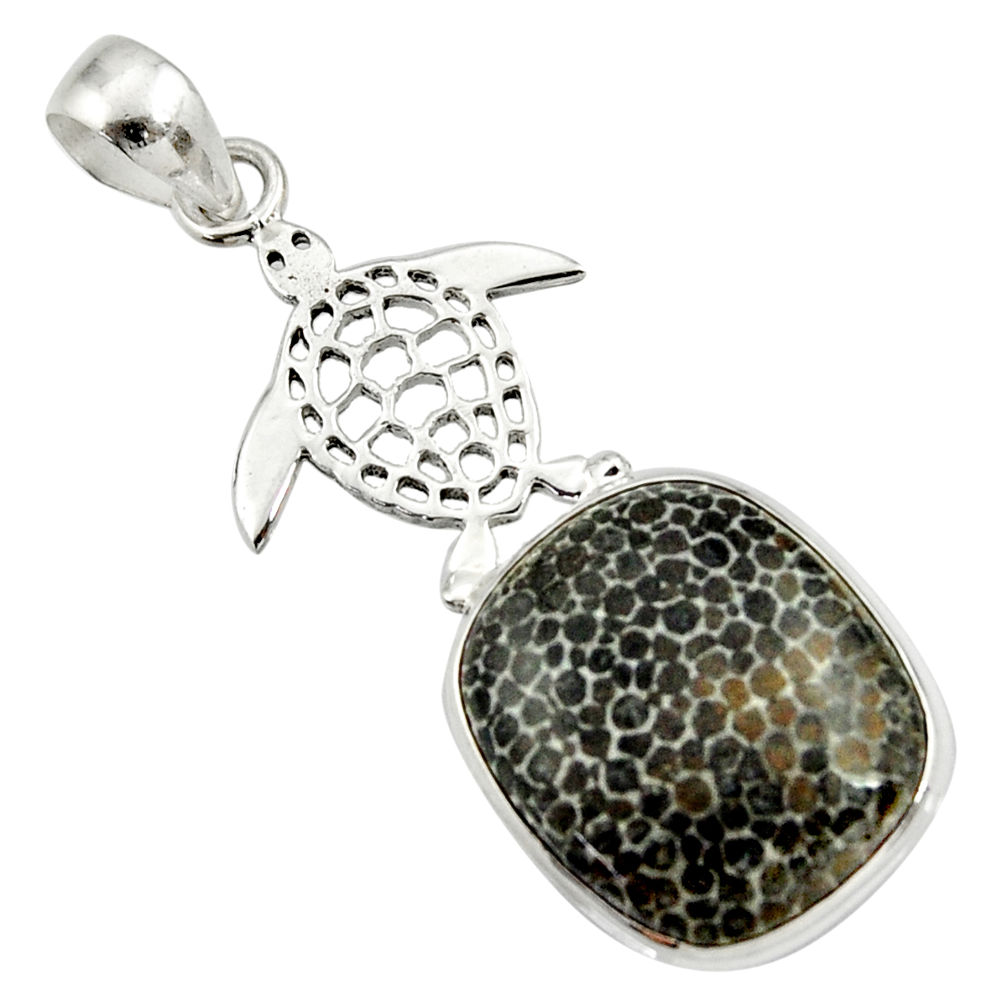 16.49cts natural black stingray coral from alaska silver turtle pendant d43170