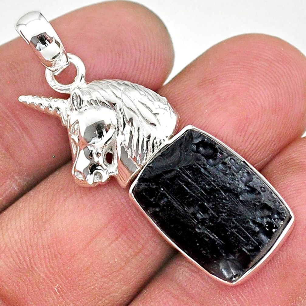 10.25cts natural black tektite 925 sterling silver horse pendant jewelry t15188