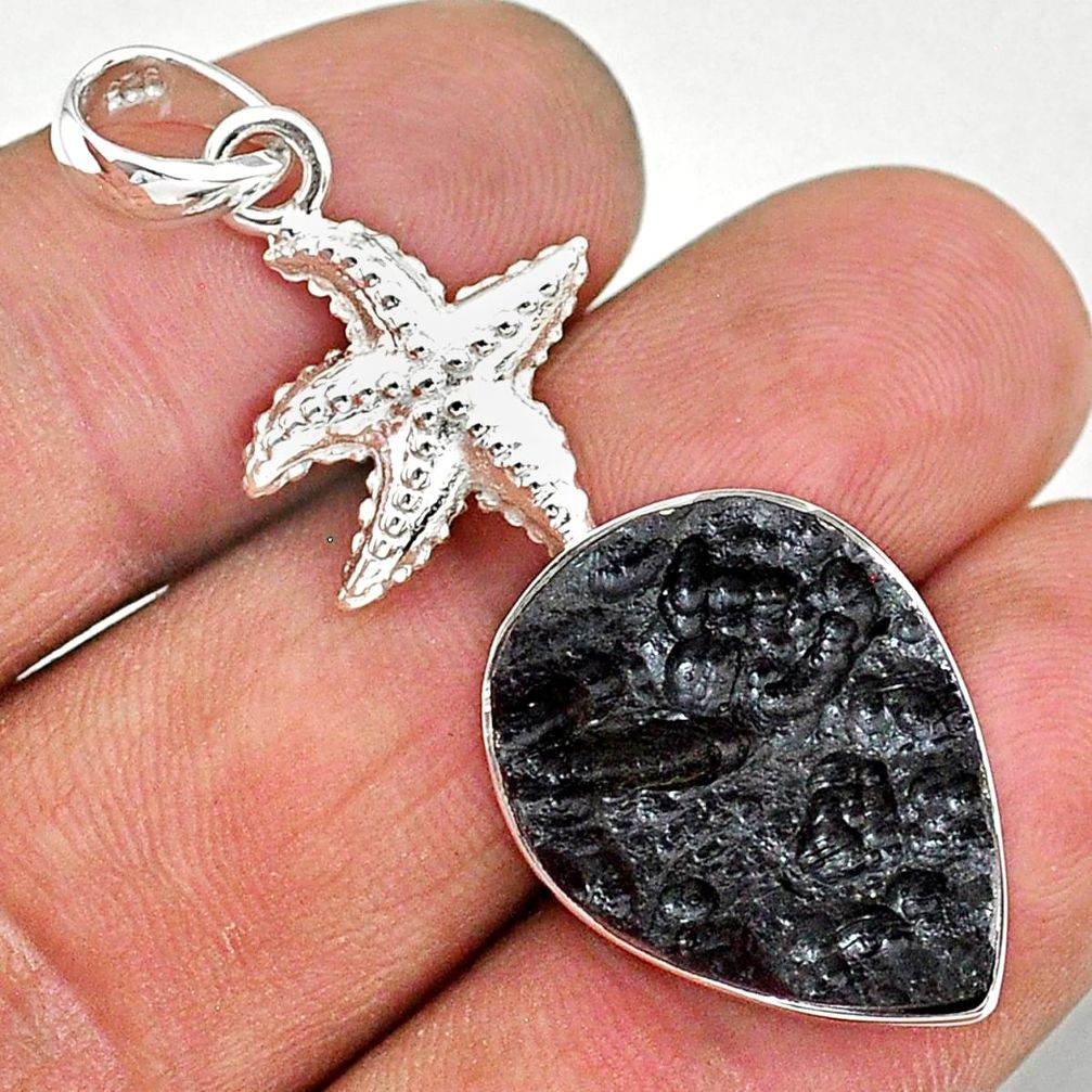17.20cts natural black tektite 925 sterling silver star fish pendant t15213