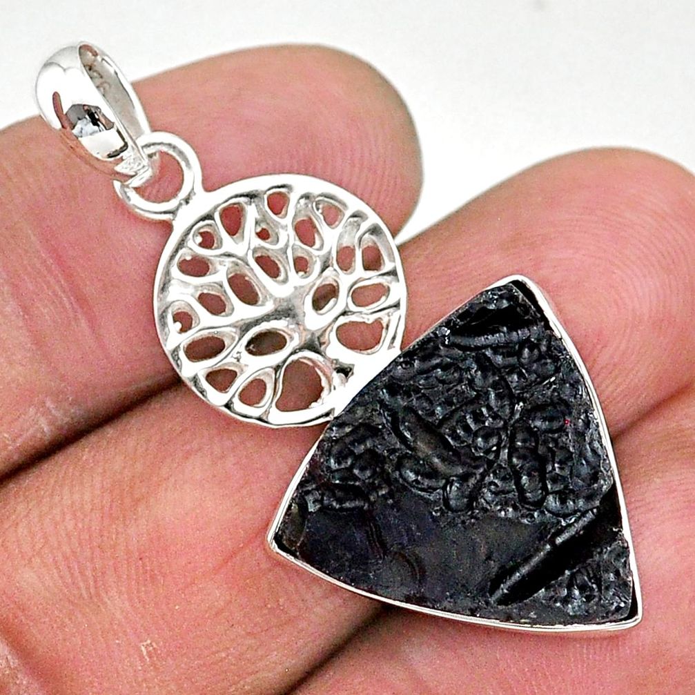 12.91cts natural black tektite 925 sterling silver tree of life pendant t15182