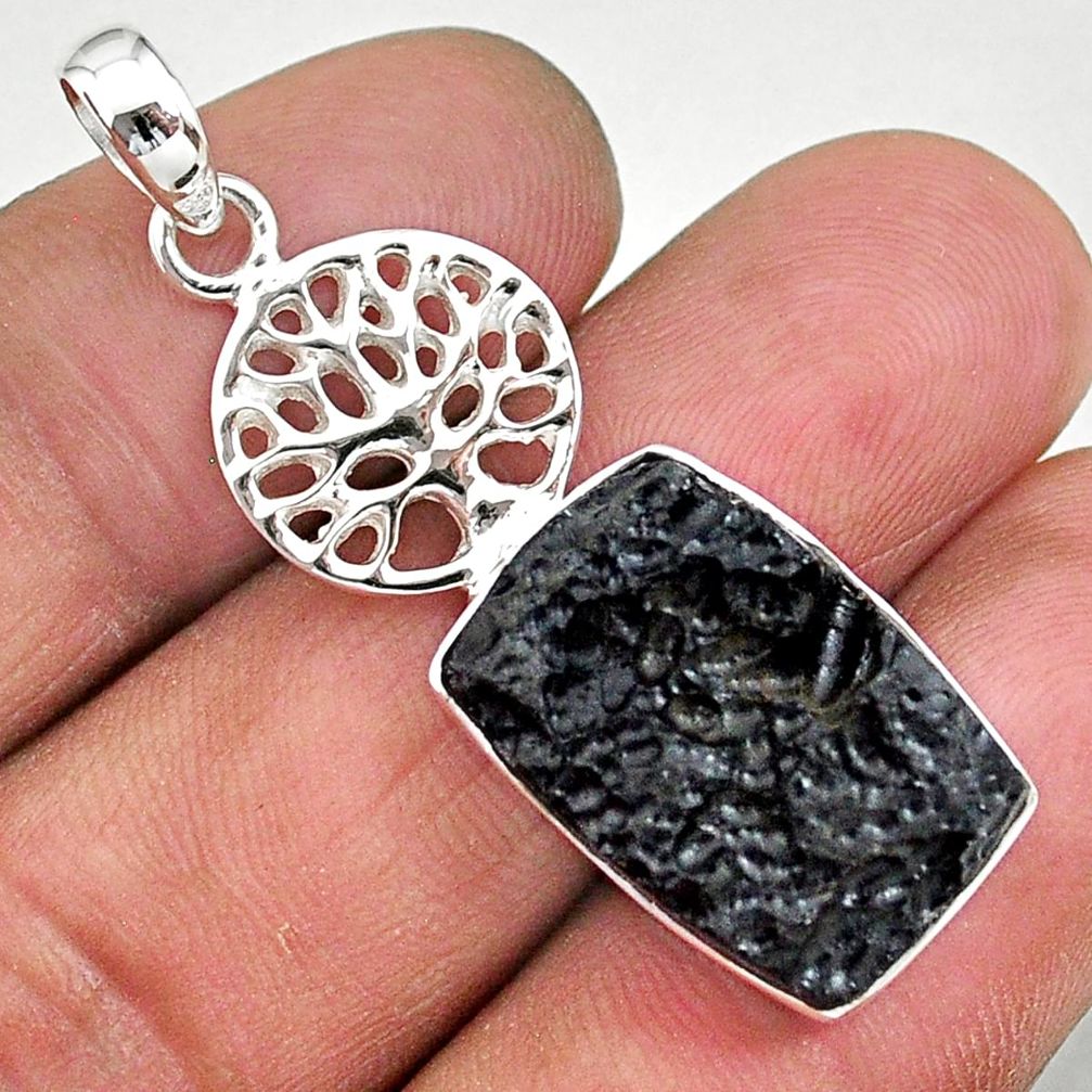 13.70cts natural black tektite 925 sterling silver tree of life pendant t15227
