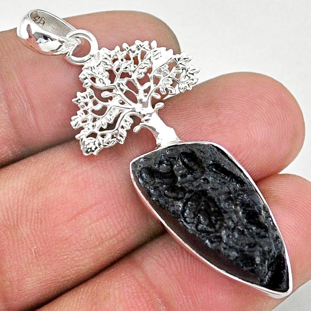 13.55cts natural black tektite 925 sterling silver tree of life pendant t15239