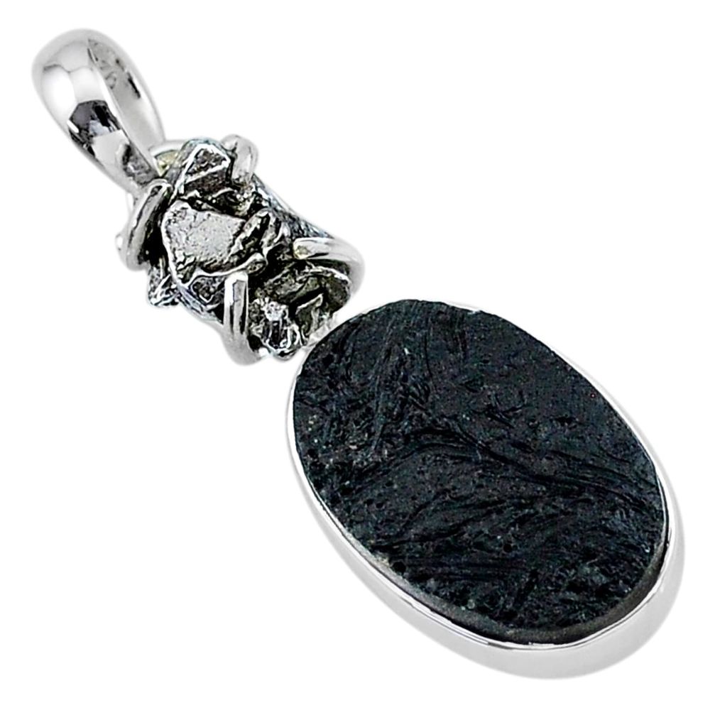 15.05cts natural black tektite campo del cielo (meteorite) silver pendant t15165