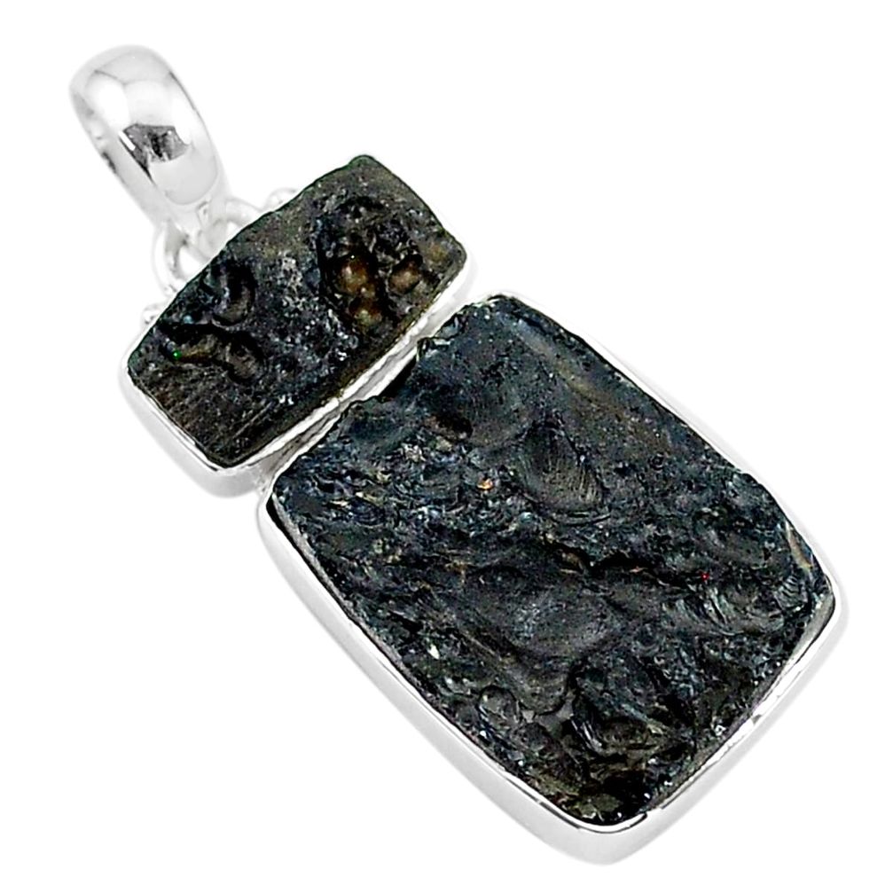 15.08cts natural black tektite freedom stone 925 sterling silver pendant t14176