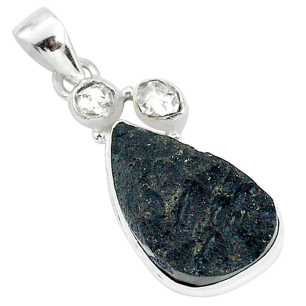15.05cts natural black tektite herkimer diamond 925 silver pendant t1261