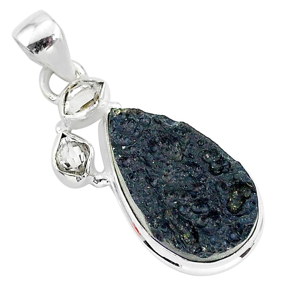 15.08cts natural black tektite herkimer diamond 925 silver pendant t1265