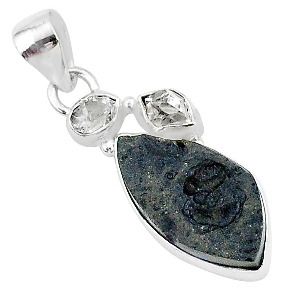 13.70cts natural black tektite herkimer diamond 925 silver pendant t1271