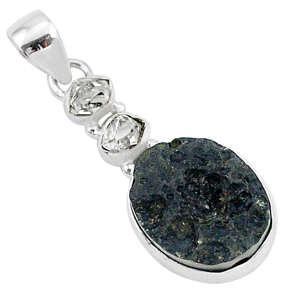 13.70cts natural black tektite herkimer diamond 925 silver pendant t1272