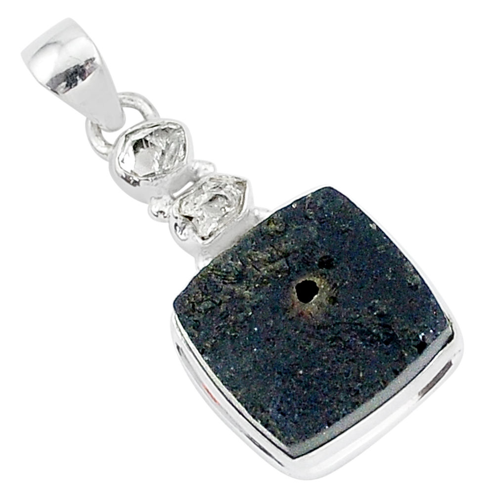 15.65cts natural black tektite herkimer diamond 925 silver pendant t1280