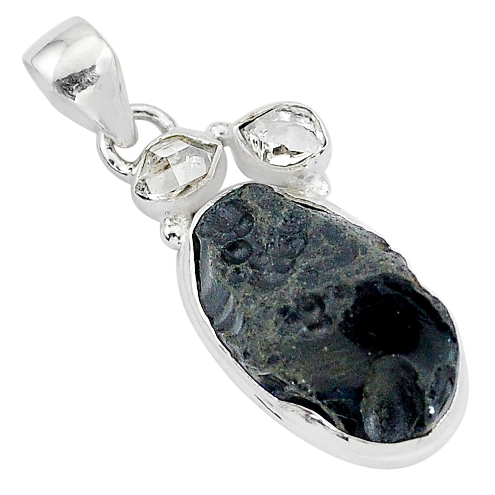 13.70cts natural black tektite herkimer diamond 925 silver pendant t1285
