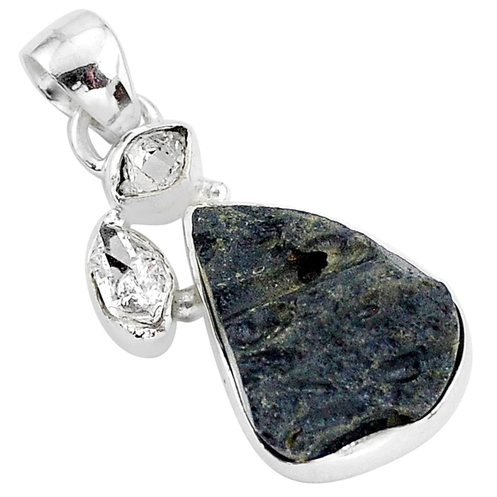 13.67cts natural black tektite herkimer diamond 925 silver pendant t1286