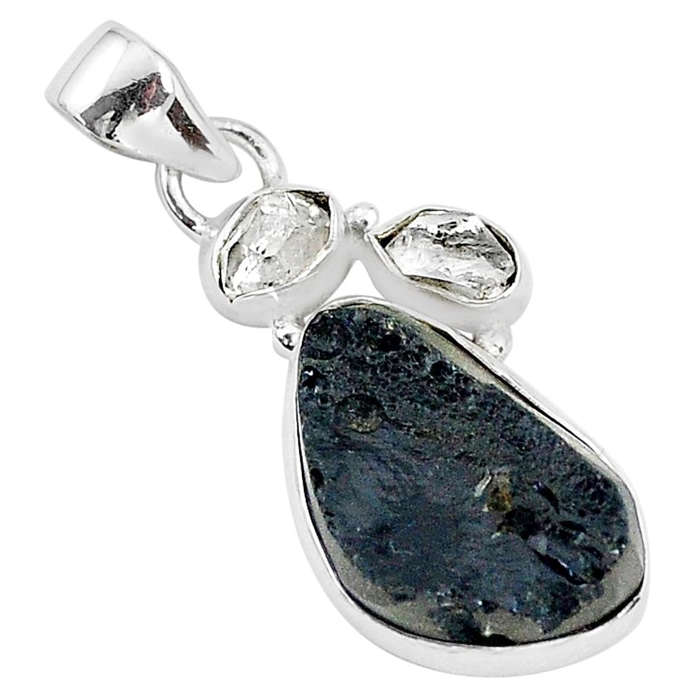 12.55cts natural black tektite herkimer diamond 925 silver pendant t1287