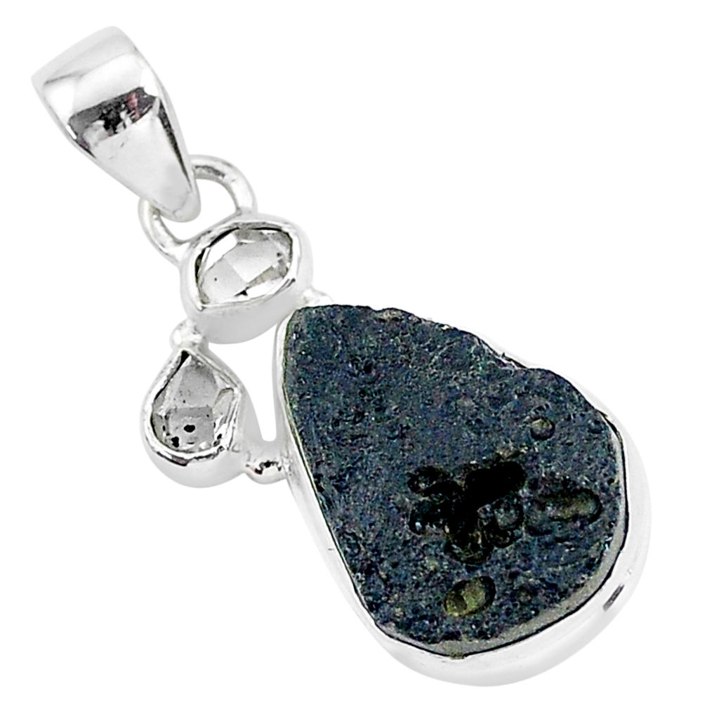 12.58cts natural black tektite herkimer diamond 925 silver pendant t1296