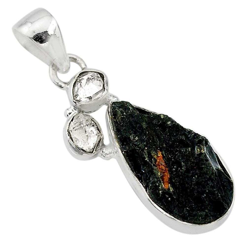 10.79cts natural black tektite herkimer diamond 925 silver pendant t20645