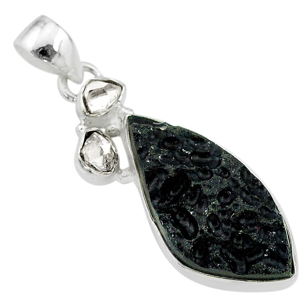 13.06cts natural black tektite herkimer diamond 925 silver pendant t20650