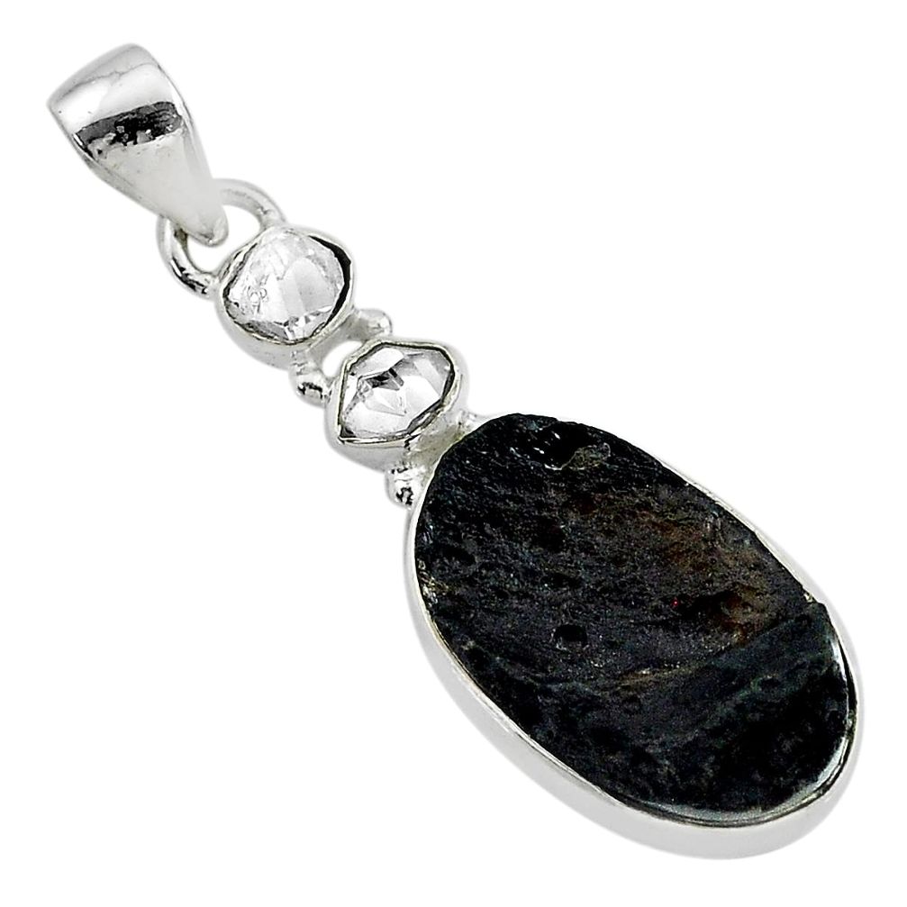 12.10cts natural black tektite herkimer diamond 925 silver pendant t20653