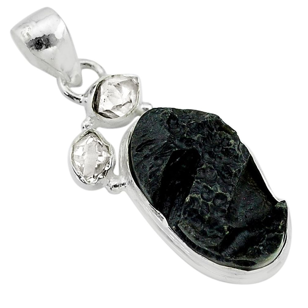13.41cts natural black tektite herkimer diamond 925 silver pendant t20656