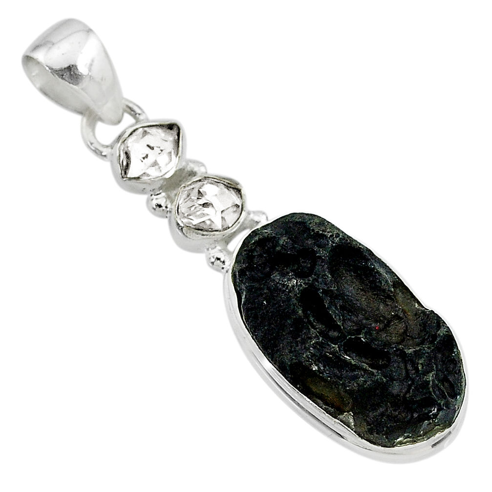 11.57cts natural black tektite herkimer diamond fancy 925 silver pendant t20649