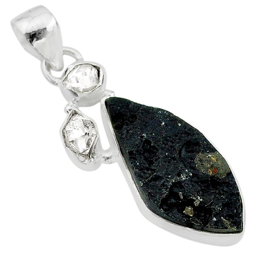 12.10cts natural black tektite herkimer diamond fancy 925 silver pendant t20657