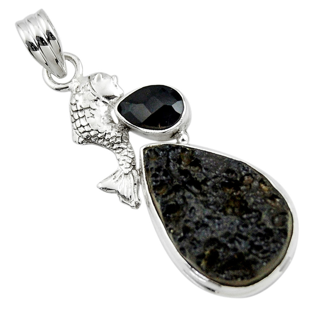 16.18cts natural black tektite onyx 925 sterling silver fish pendant r44531