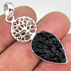 12.18cts natural black tektite pear sterling silver tree of life pendant t15232