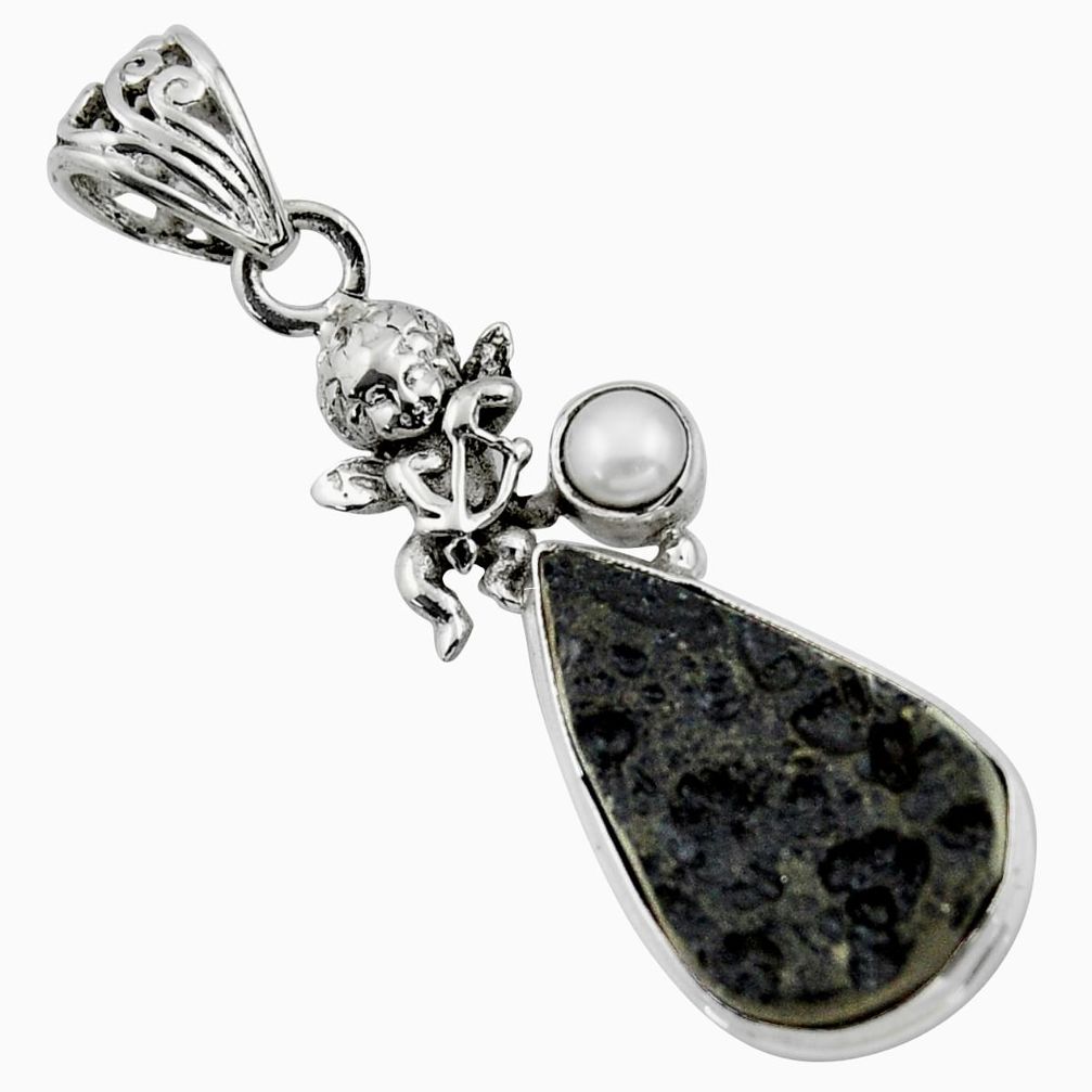 16.99cts natural black tektite pearl 925 silver angel wings fairy pendant r44533