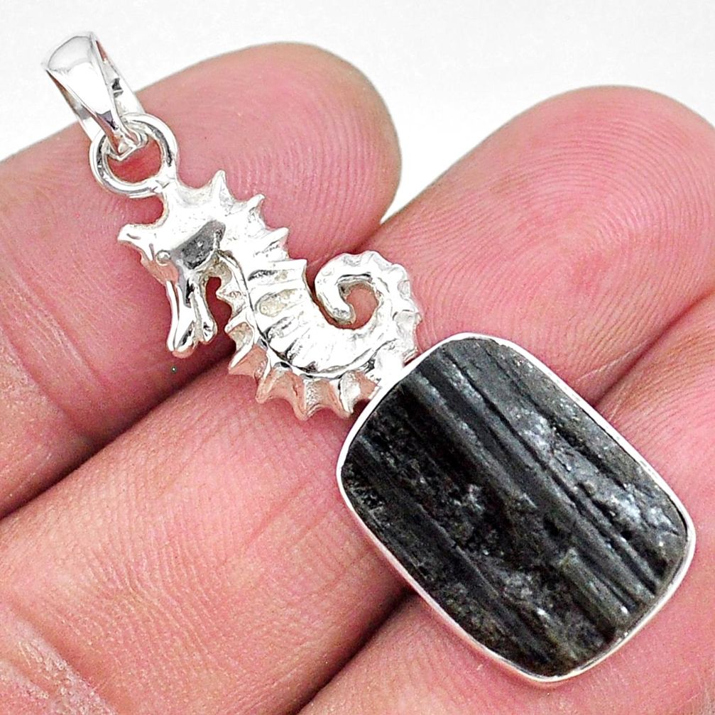 10.99cts natural black tourmaline raw 925 silver seahorse pendant t9847