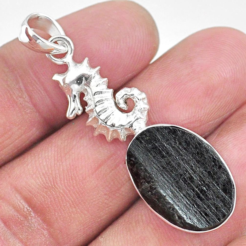 14.88cts natural black tourmaline raw 925 silver seahorse pendant t9870